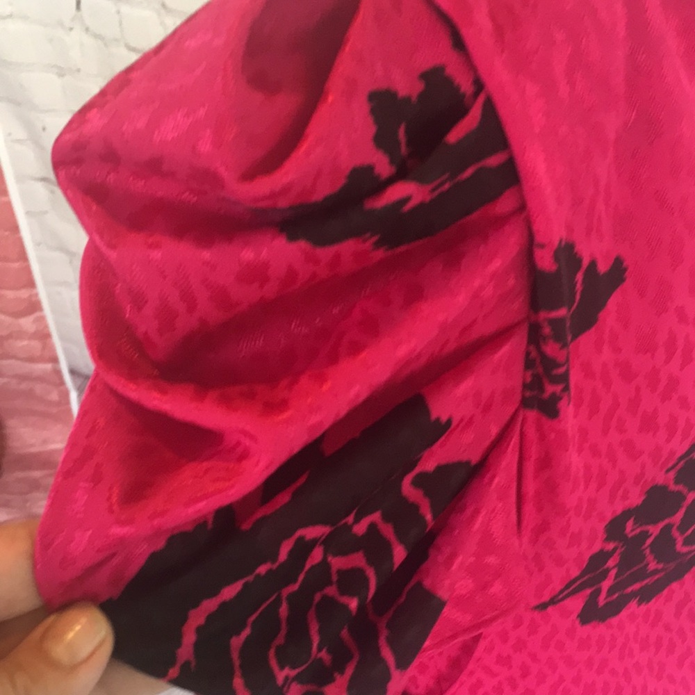 Vintage 80’s TF Satin Floral Bright Pink Knee Length Peplum Dress - Picture 7 of 14